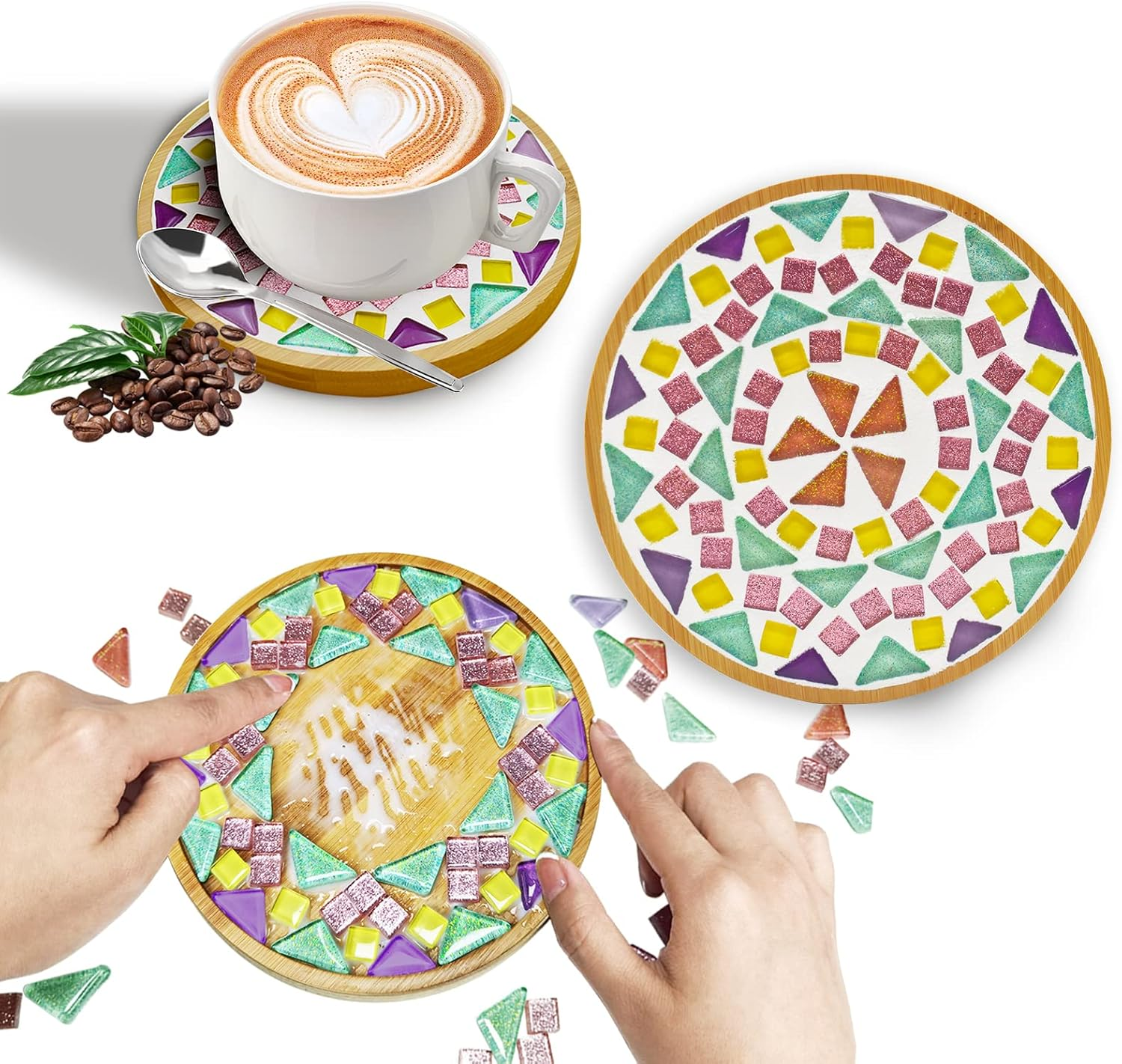 Glass Mosaic Tiles, Mosaic Kit with 6.1 Inch Bamboo Coaster, Crafts for Adults Mixed Colors Mosaic Kit Mosaic Crafts Materials Package Mosaic Supplies for Coaster Handmade Home Decor Gifts (Round 1) image number 4