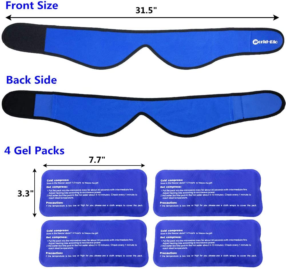 WORLD-BIO Face Ice Pack for Wisdom Teeth, Jaw, Head, Chin - 4 Reusable Hot & Cold Gel Packs with Adjustable Stretch Wrap Relief for Injuries, Oral and Facial Surgery, Migraine, TMJ Pain image number 1