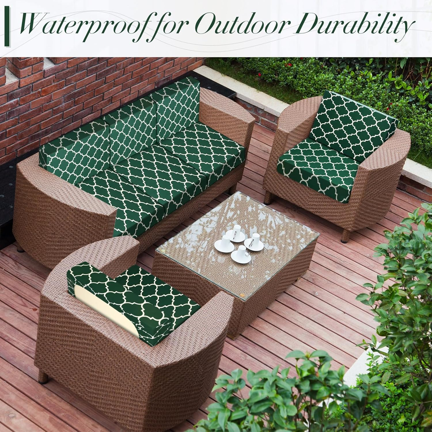 Newwiee 8 Pcs Stretch Patio Outdoor Cushion Covers Waterproof Replacement Sofa Couch Covers for 4 Backrests and 4 Cushions Washable Lawn Garden Seat Furniture Protector(Dark Green) - Navy Blue image number 7