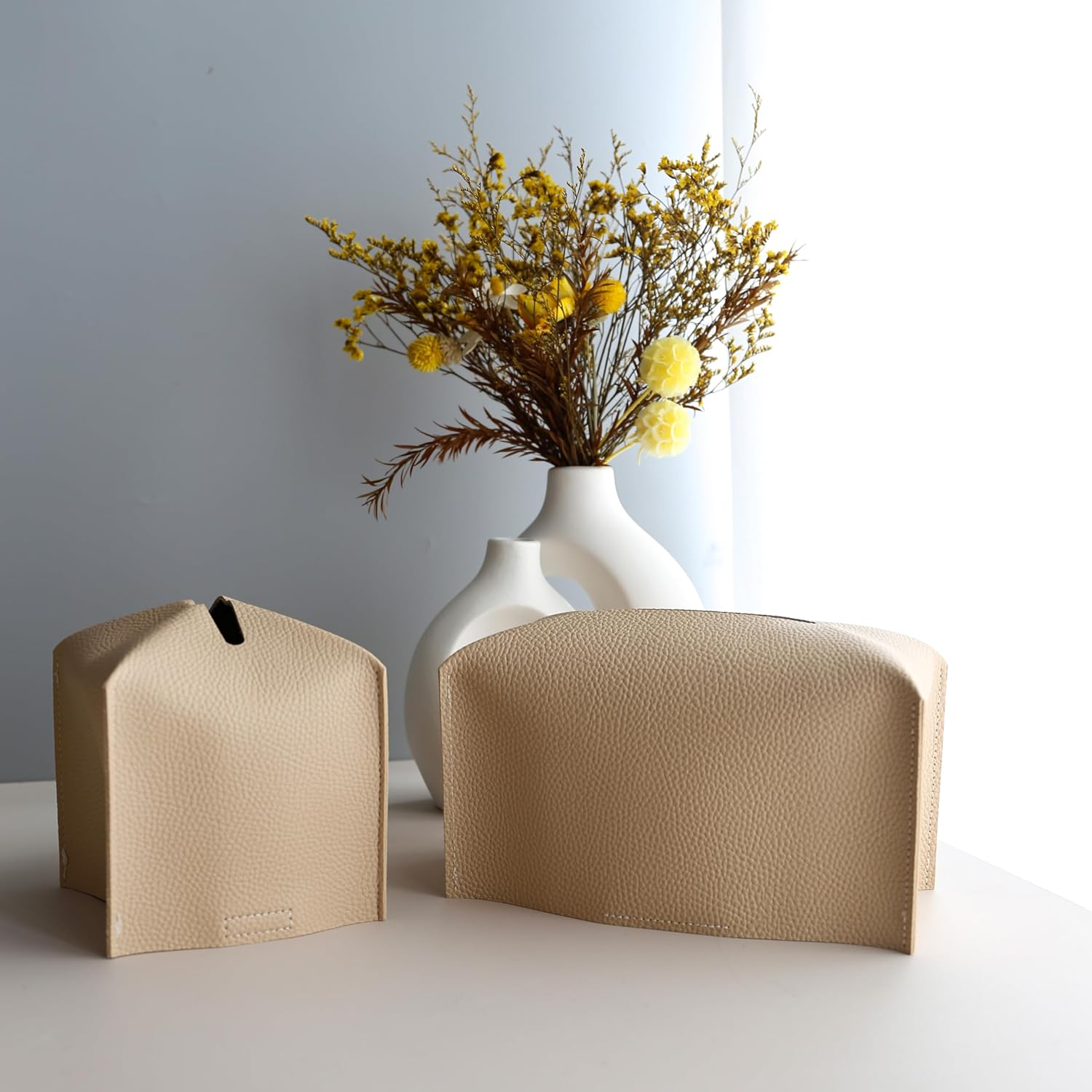 2Pcs Tissue Box Cover, Modern PU Leather Rectangular Tissue Box Holder - Decorative Holder/Organizer for Bathroom Vanity Countertop, Night Stands, Office Desk - Pu-Beige image number 4