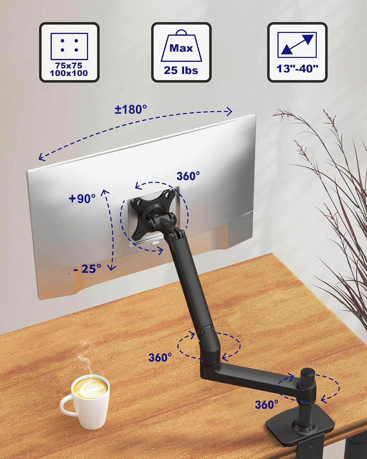 Ergounion Single Monitor Arm Desk Mount, Holds Screens up to 40 Inches and 25 Lbs, Fully Adjustable Vesa Monitor Mount with C-Clamp and Grommet Base, Aluminum, Black image number 4