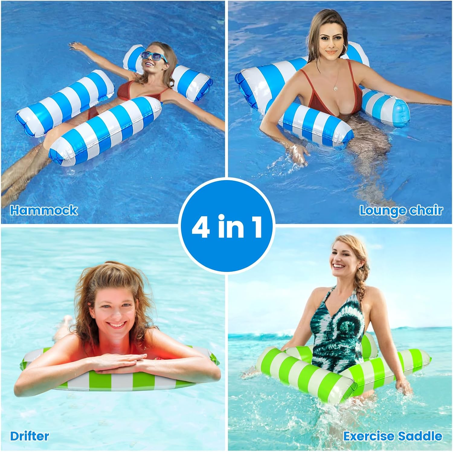 2 Pack Inflatable Pool Floats 4-In-1 Pool Hammock with Bottom Mesh 3 Tubes Inflatable Hammock for Adults,Portable Floating Chair Bed for Travel, Swimming Pool Hot Tub - Blue+Green image number 4