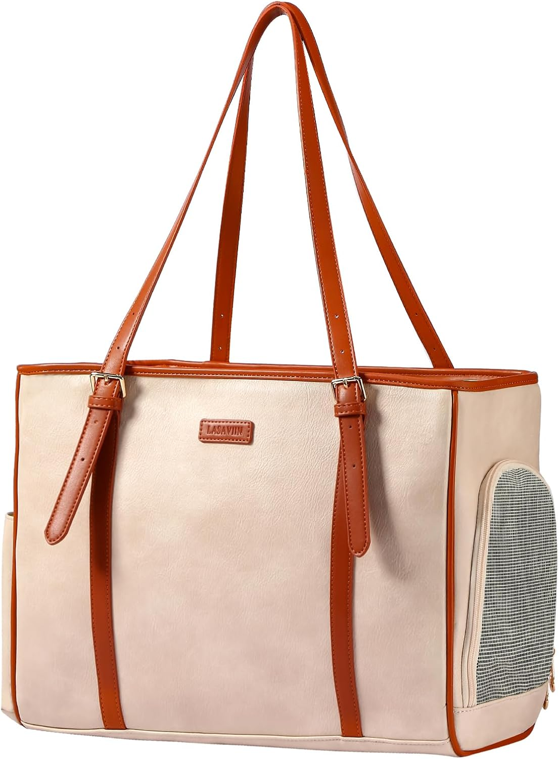 Lasaviin Fashion Dog Purse Pet Carrier Leather Bag for Small Dogs Cats Puppy, Portable Tote Bag Airline Approved Soft-Sided Carriers (Beign)