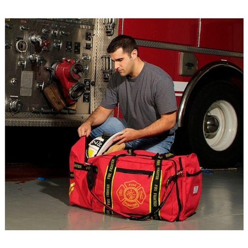 Occunomix OK-3000 Large Gear Bag, &ldquo;Firefighter&rdquo; Woven in Reflective Trim along Bag Straps, Maltese Cross Logo, 3 Compartments with 2 outside Zip Pockets, 29&rdquo; X 17&rdquo; X 16&rdquo;, Red image number 4