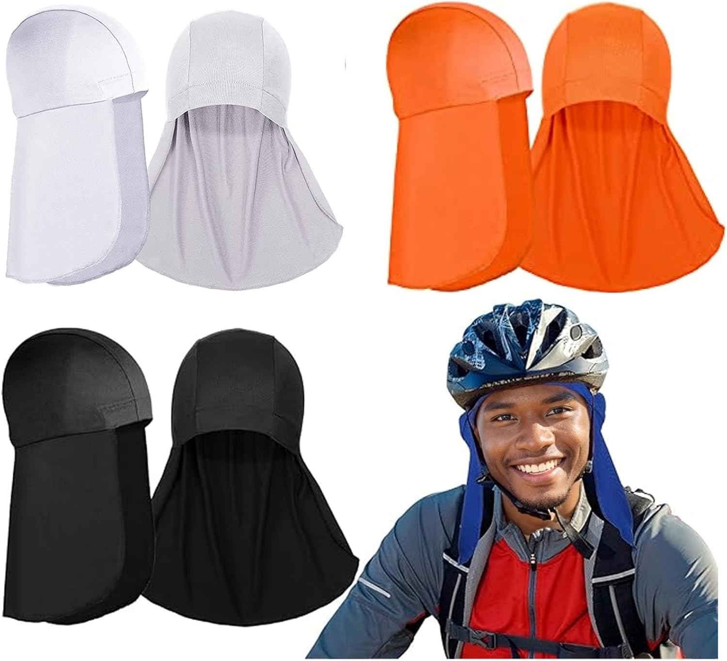 MYTOAU 3 Pieces Helmet Liner with Neck Mask, Cooling Skull Cap Sun Shade Sweat Wicking Protector for Cycling Running Fishing Riding (Black/White/Orange) image number 6