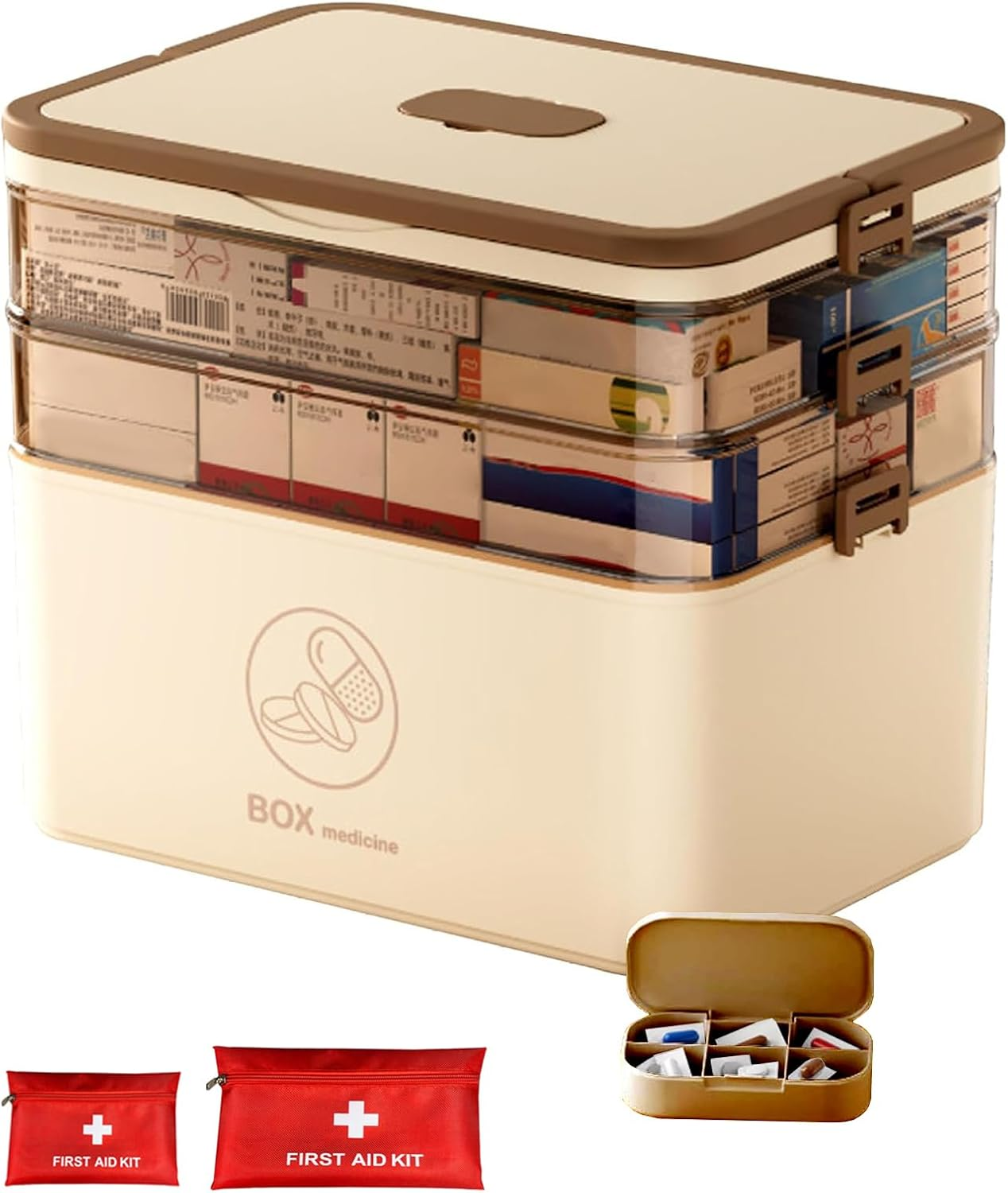 3-Tier Medicine Storage Box,Portable Medicine Organizer. Multipurpose Storage Box with Handle for Home & Travel, Ideal for Emergency First Aid (White)