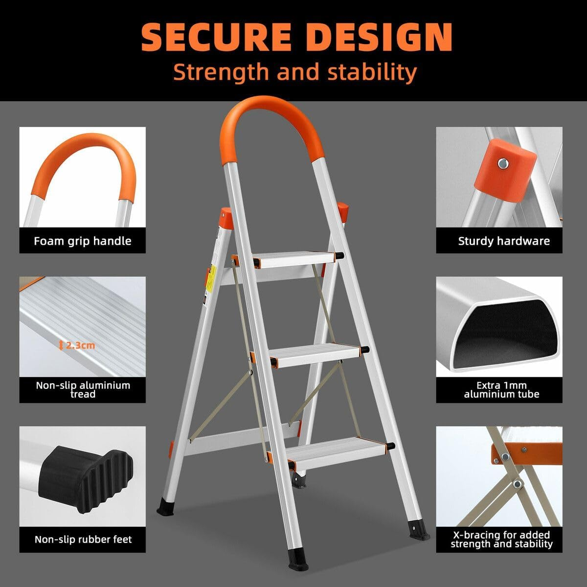 3 Step Folding Ladder Foldable Stool Collapsible Platform Aluminium Portable Lightweight Stairs Stepladder with Foam Handrail image number 4