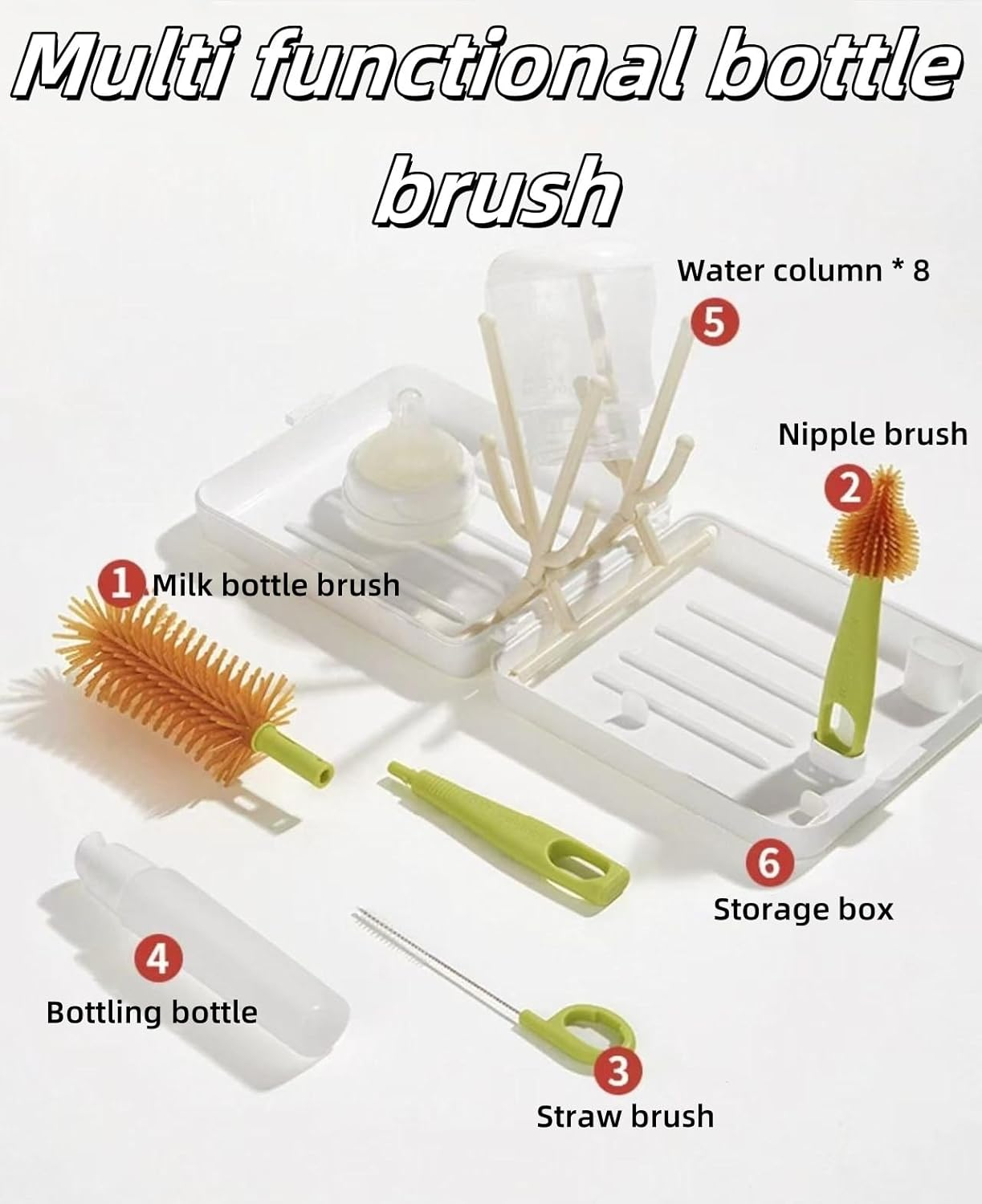 3-In-1 Baby Bottle Cleaner Kit with Pacifier & Straw Brush, Portable Travel Brush Set for Baby Care - Includes Scrubber, Dispenser Bottle & Drain Column (White) - Blue image number 3