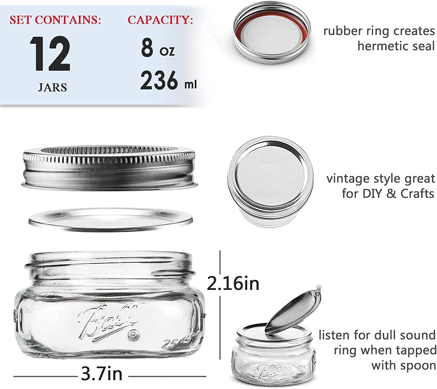 RROAD Mason Jars 8 Oz - 4 Pack Glass Canning Jars with Silver Airtight Lids and Band Small Mason Jars, Honey Canning, Jam Canning, Jelly Canning,With 1Pc Spoon image number 5