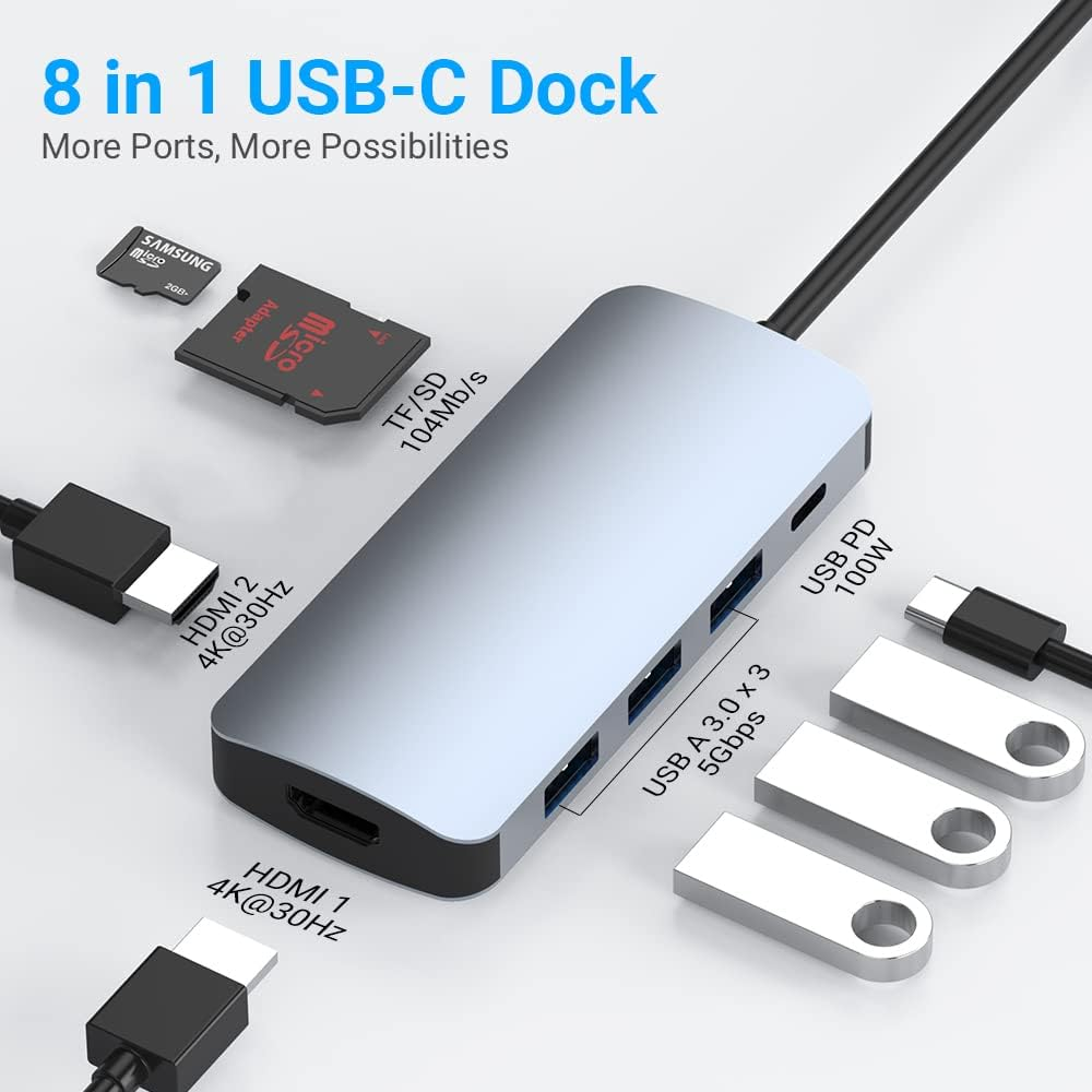 USB C to Dual HDMI Adapter, 8 in 1 USB C Docking Station USB C Adapter with 2HDMI, 3 USB 3.0, SD/TF, PD 100W, USB Adapter for Macbook Pro, XPS, Ipad Pro image number 2
