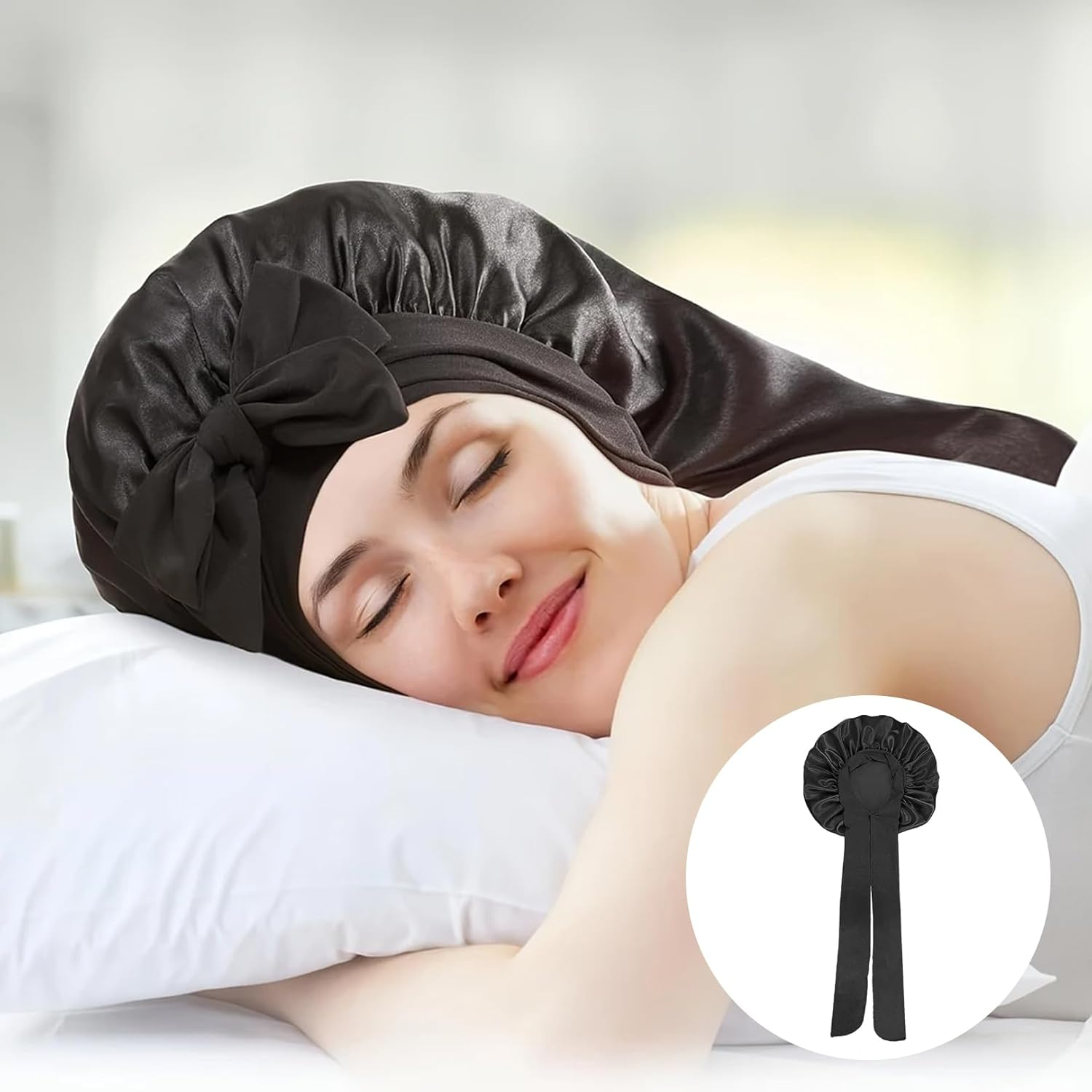 Mniimaluxe Sleep Cap Hair Protection, Silk Hood for Sleeping, Satin Sleep Cap, Bonnet Sleep Cap, Curl Hood, Black, M image number 4