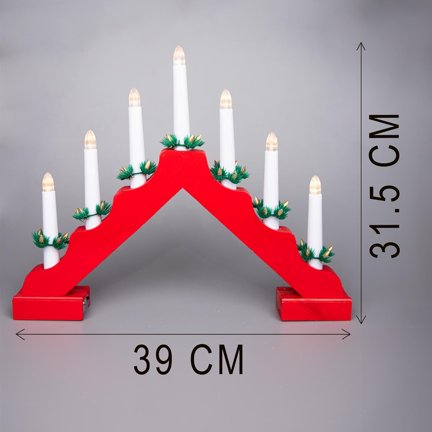 SHATCHI Traditional Wooden Pre-Lit Red Candle Bridge Light 7 Leds Bulbs - Battery Powered - Window Christmas Tree Home Office Desk Light Holiday Xmas Festive Decoration image number 5