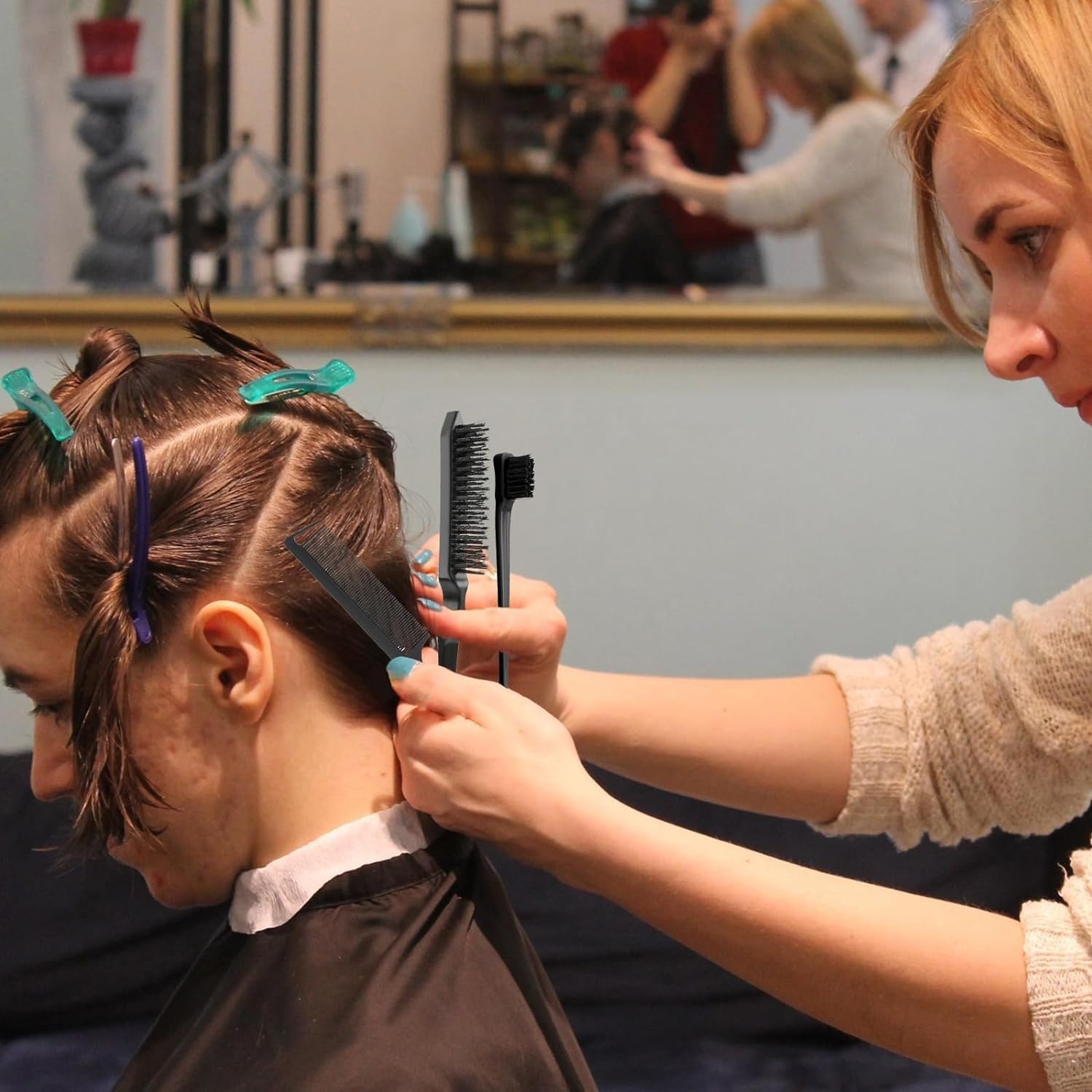 Slick Back Hair Brush Edge Brush, 6Pcs Teasing Comb Bristle Brushes, Bristle Hair Brush Edge Control Brush Teasing Comb,Hair Styling Comb Bristle Teasing Brush, Rat Tail Comb Dual Edge Brush,Black image number 1