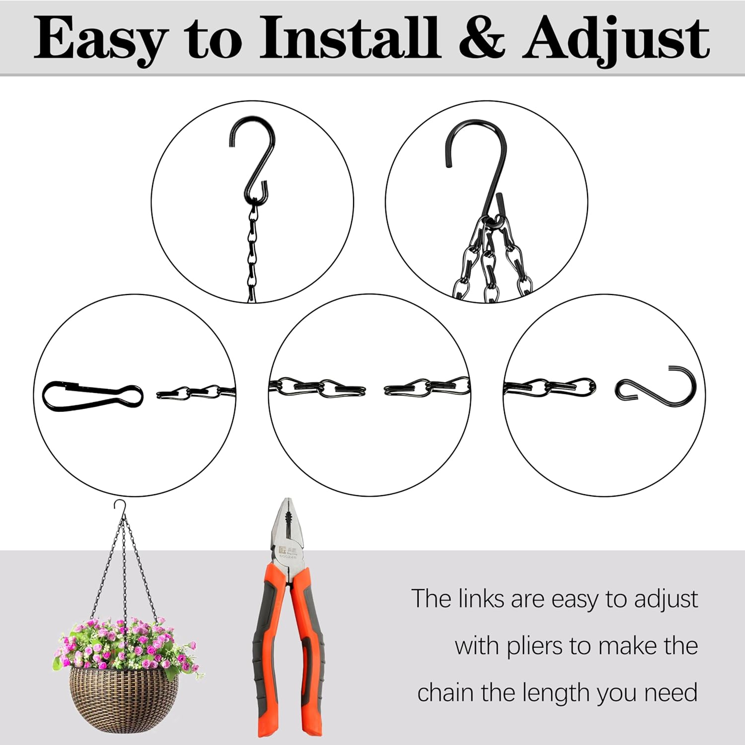 Hanging Basket Chain, 3 Pack 16 Inch Chain for Hanging Plants, Black Plant Chains for Hanging Baskets, 3 Leads Hanging Chain with Hooks for Flower Pots Basket Bird Feeders Sign Wind Chime Billboards image number 6