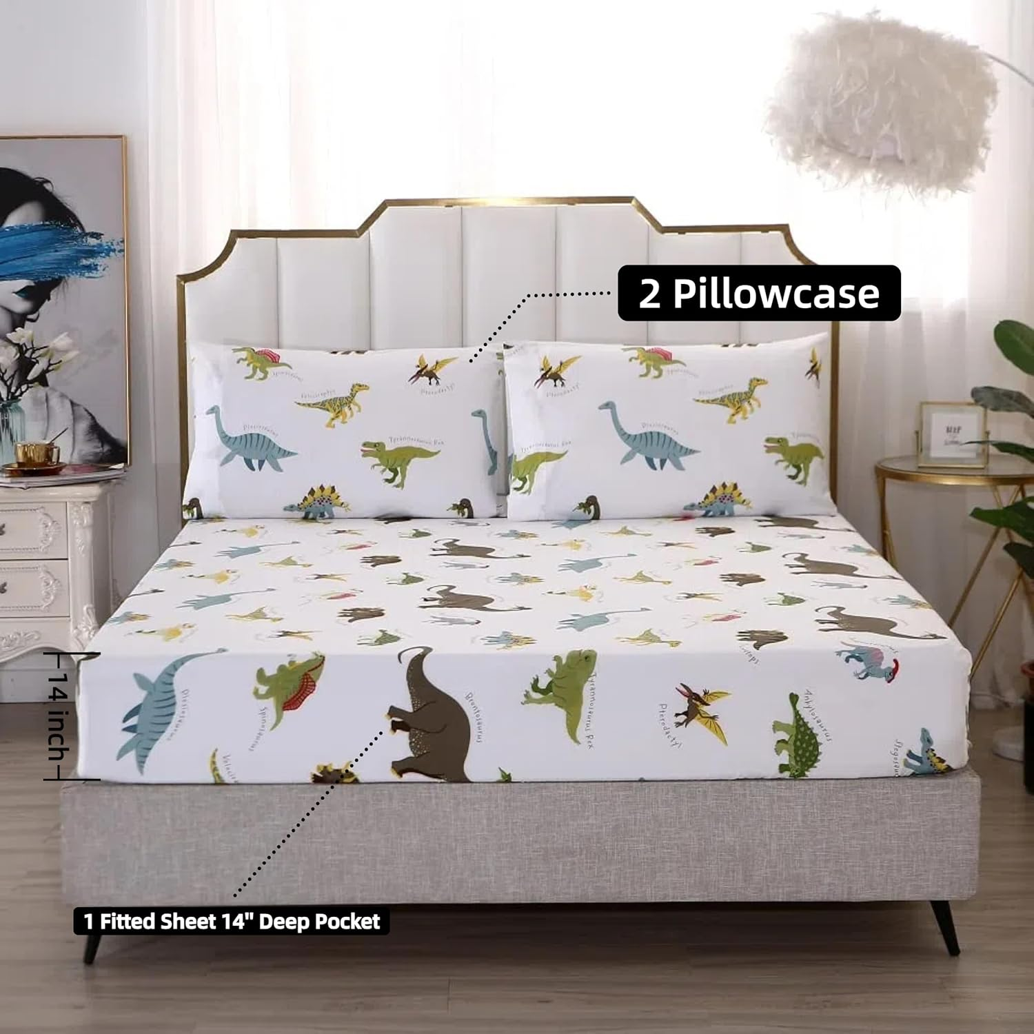 MAG 3PCS White Dinosaur Queen Size Bedding Sheet Sets Included 1*Fitted Sheet and 2 Pilowcase for Kids, Boys and Girls (Queen, White) image number 3