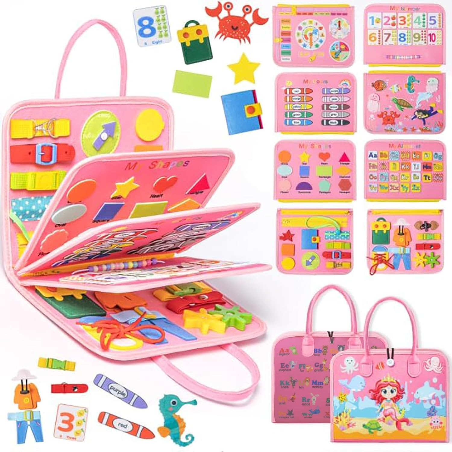 Busy Board for Kids Toddler Sensory Toys Educational Busy Book Sensory Activity Developing Board Montessori Toy Preschool Quiet Book for Airplane and Car Travel Ages 3 4 5 Year Old Girls Boys (Pink)