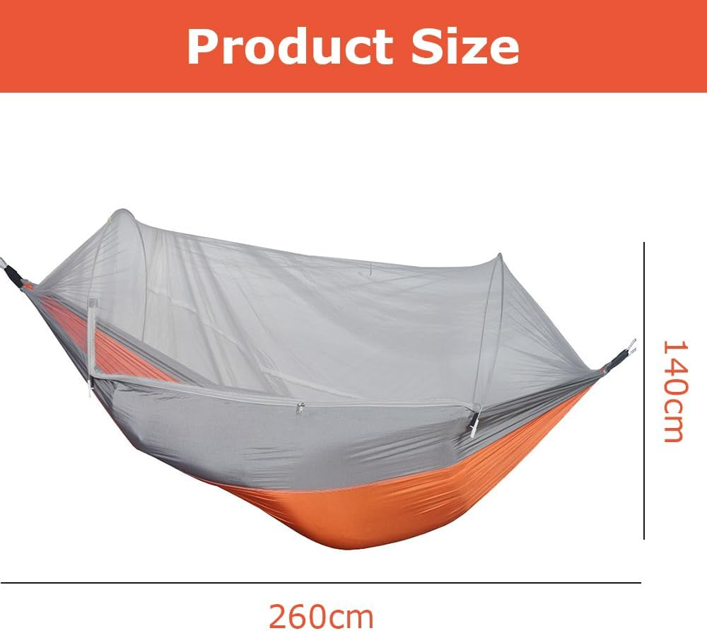 Travel Camping Hammock with Mosquito Net, Outdoor Double Hammock, Automatically Expand Portable Hammocks, Camping Gear for Hiking Beach Backpack Travel, Grey & Orange image number 1