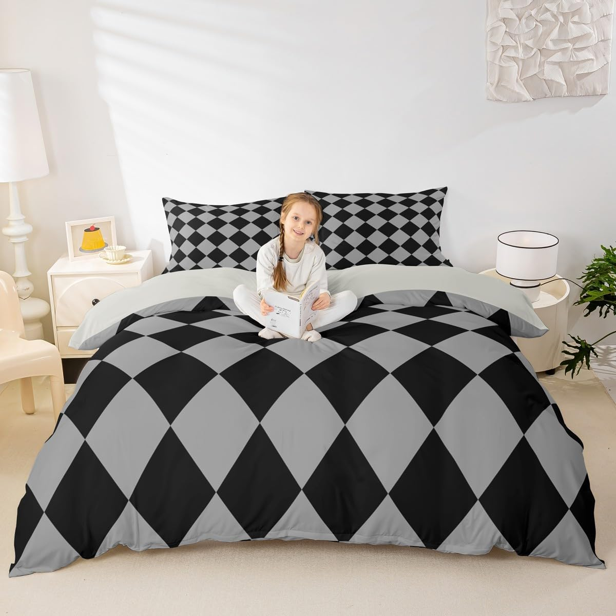 Homemissing Grey and Black Checkered Duvet Cover Set Single Size for Kids Boys Girls Diamond Grid Bedding Set Groovy Geometric Duvet Cover with 1 Pillowcase Neutral Aesthetic Plaid Bedding image number 2