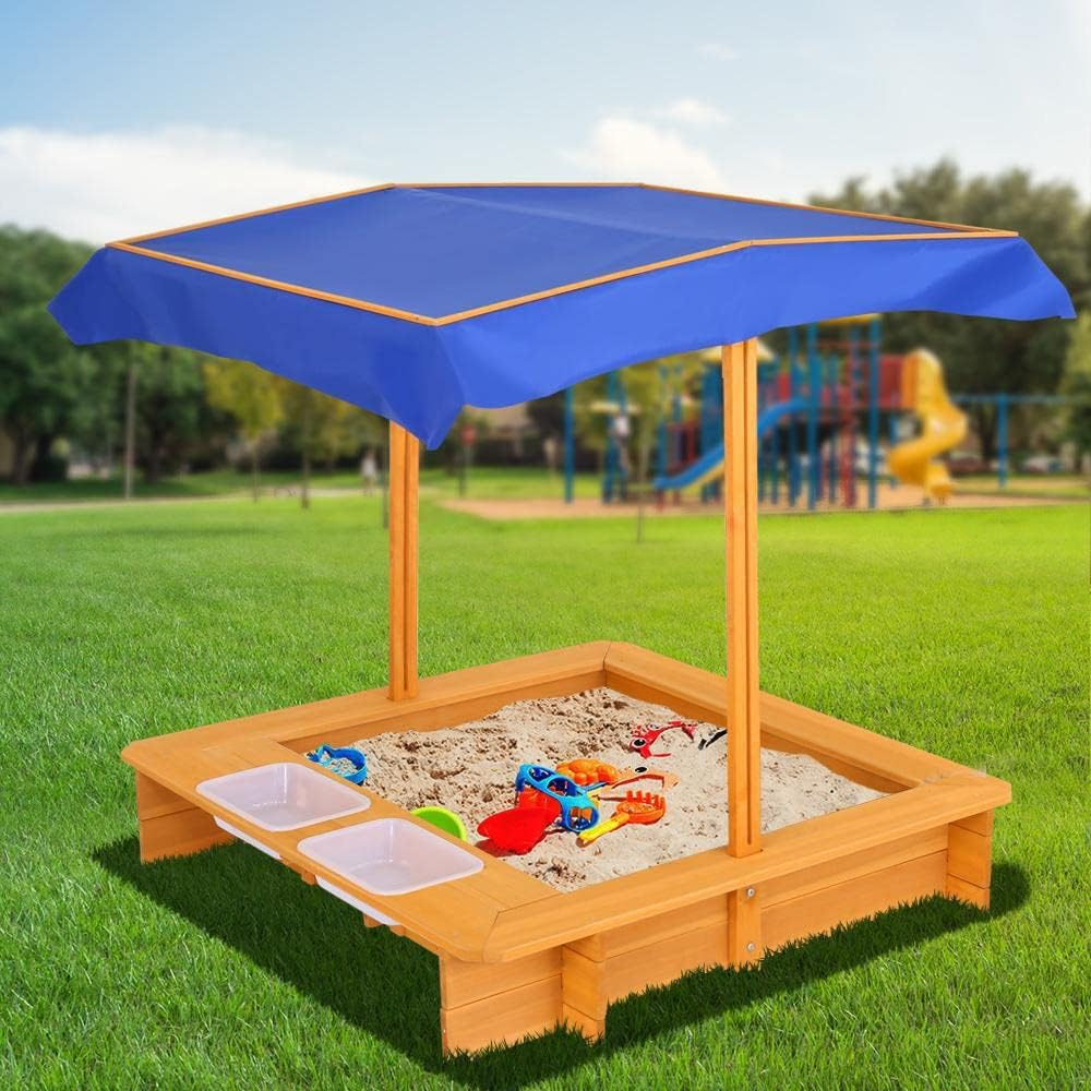 Keezi Kids Sandpit, Wooden Water Table Sand Pit Play Toys Sandcastle Garden Patio Beach Activity Outdoor Toy Games, with Adjustable Canopy Ground Sheet 2 Basins Nature Wood