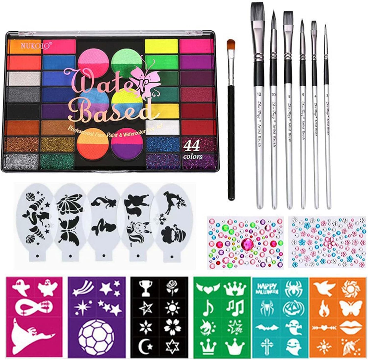 FLYTIN 44 Color Face Painting Kit - Non Toxic Water Activated Face Paint Palette with Stencils, Brush, Gems. for Carnival, Halloween, Costume Makeup and Any Creative Activity image number 2