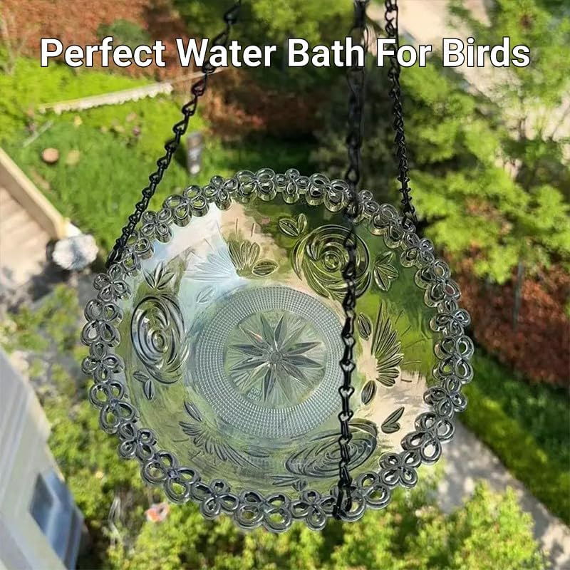 AIMALL Hanging Bird Bath & Feeder, Glass Bowl with Metal Chain, Outdoor Bird Water Feeder for Balcony, Garden, and Fence, Decorative Hanging Bird Tub image number 1