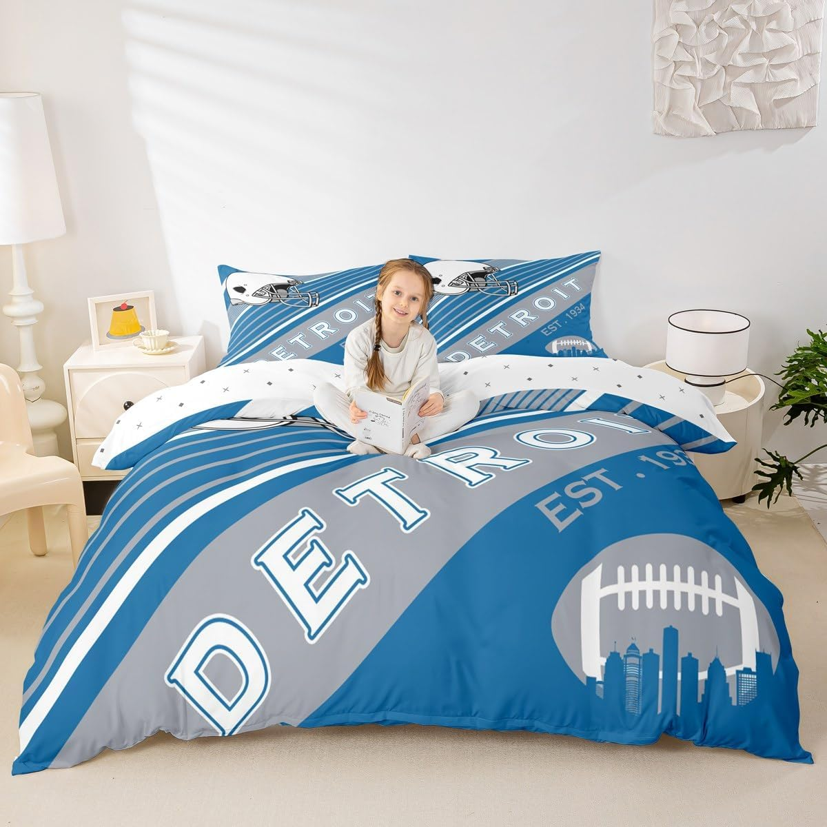 Erosebridal Sports Football Duvet Cover White and Sky Blue Rugby Helmet Bedding Set Twin, American Football City Themed Comforter Cover Retro 3D Ball Game Quilt Cover with 1 Pillowcase(Detroit) image number 3