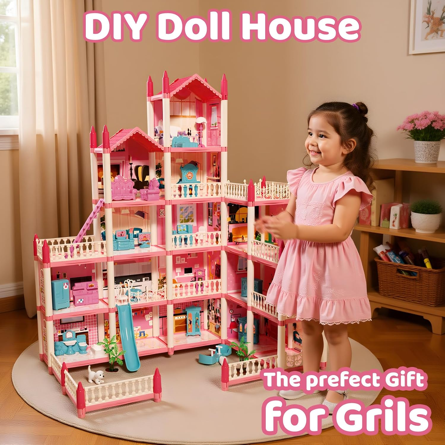 Doll Houses for Girls, Dream Dollhouse Pretend-Play DIY Playhouse Kit Toy - 5-Story 16 Rooms Dollhouse with 4 Dolls & Furniture & Flashing Lights Princess Building Doll House for Ages 3 4 5 6 7 8 image number 5
