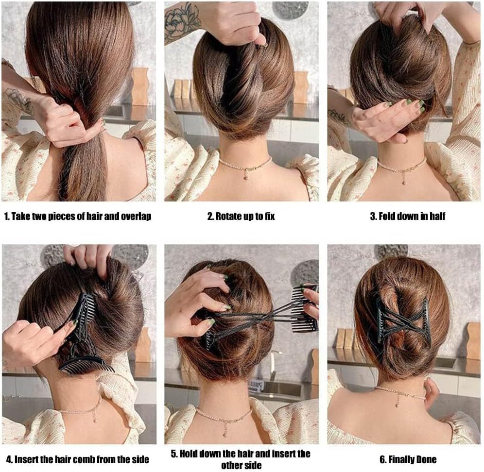 2 Pieces Magic Hair Side Combs Beaded Stretch Double Clips Bun Maker Hair Combs DIY Hair Styling Headwear (Butterfly, Black + White) - Butterfly 3Pcs image number 2