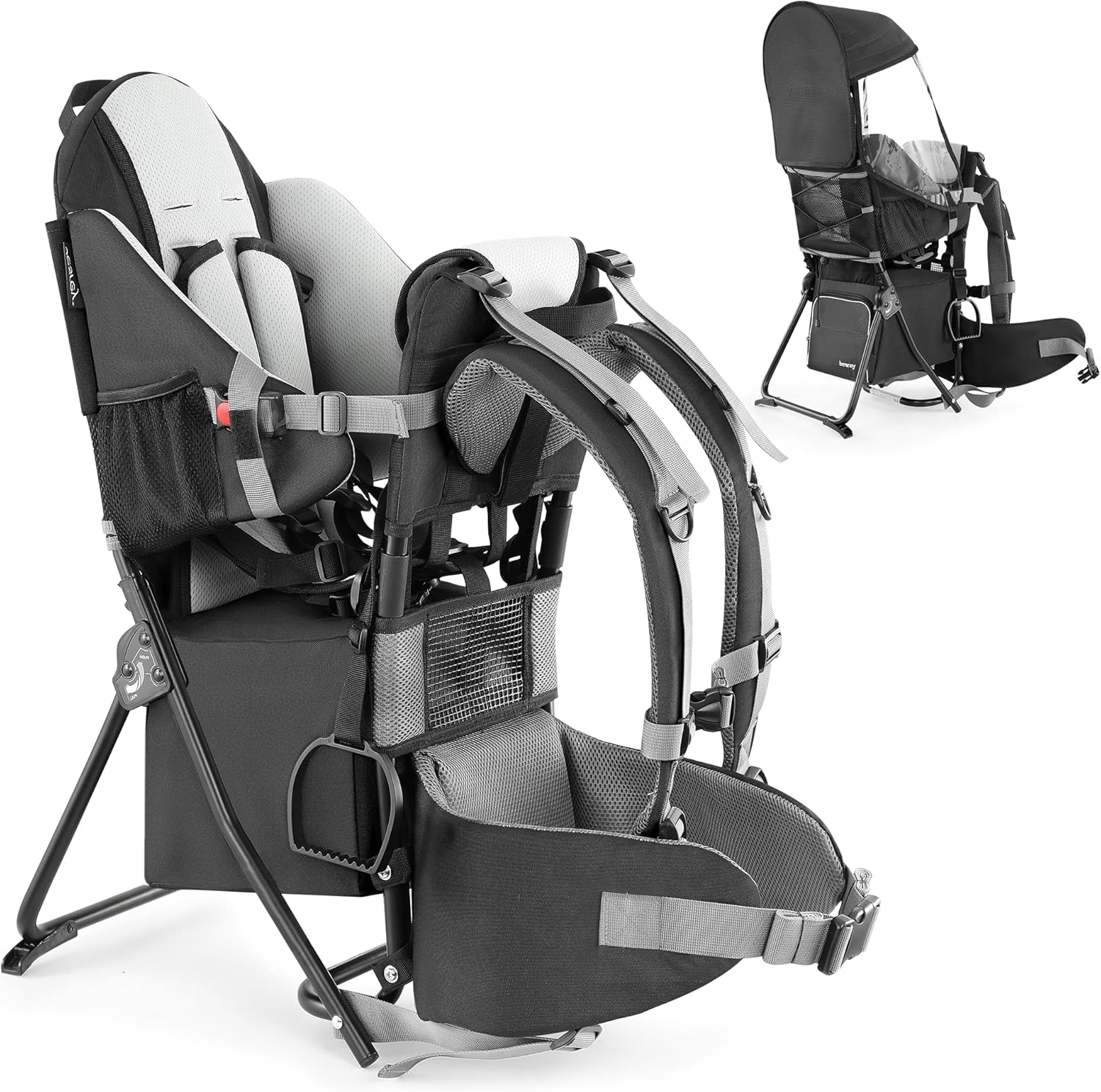 Besrey Baby Backpack Carrier, Toddler Hiking Backpack with Safety 3-Height Seat, Adjustable Straps&Waist Belt, Foldable Frame Lightweight Large Capacity Child Carrier for Hiking Black