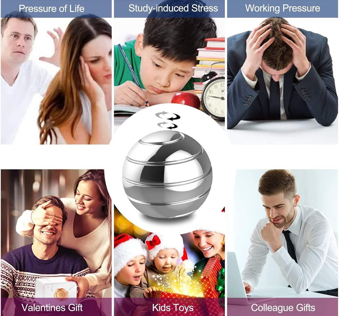 Dblosp Kinetic Desk Toys,Full Body Optical Illusion Fidget Spinner Ball,Gifts for Men,Women,Kids 1.5" Size (Silver) image number 1