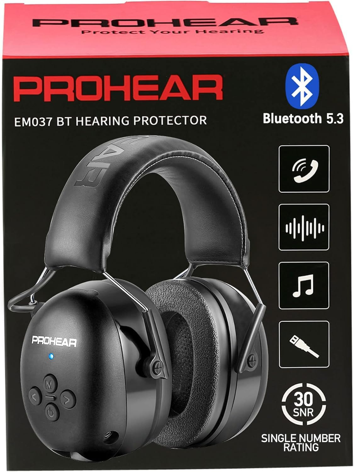PROHEAR 037 Bluetooth 5.0 Hearing Protection Headphones with Rechargeable 1100Mah Battery, 25Db NRR Safety Noise Reduction Ear Muffs 40H Playtime for Mowing, Workshops, Snowblowing - Black