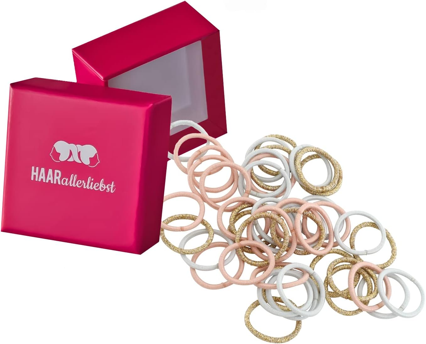 Haarallerliebst Hair Bobbles Mini Extra Small (Pack of 45 | Pink, Light Blue, Gold | 2 Cm) with Box for Storage (Box Colour: White)