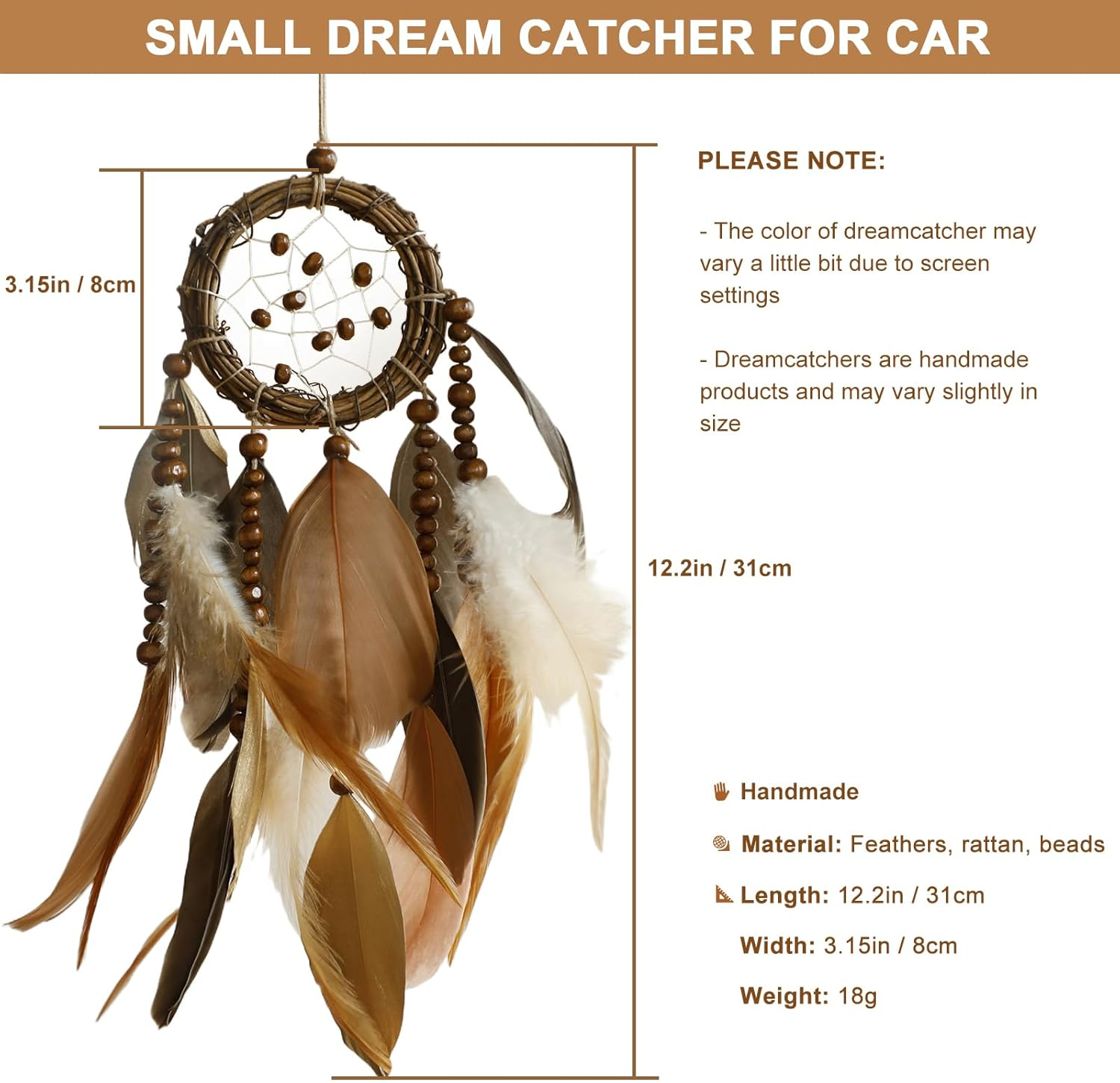 Mini Dream Catcher for Car Rear View Mirror Accessories - Handmade Small Brown Dreamcatchers Boho Car Charm Interior Decor, Native Ameican Indian Hanging Ornament Room Decor image number 5
