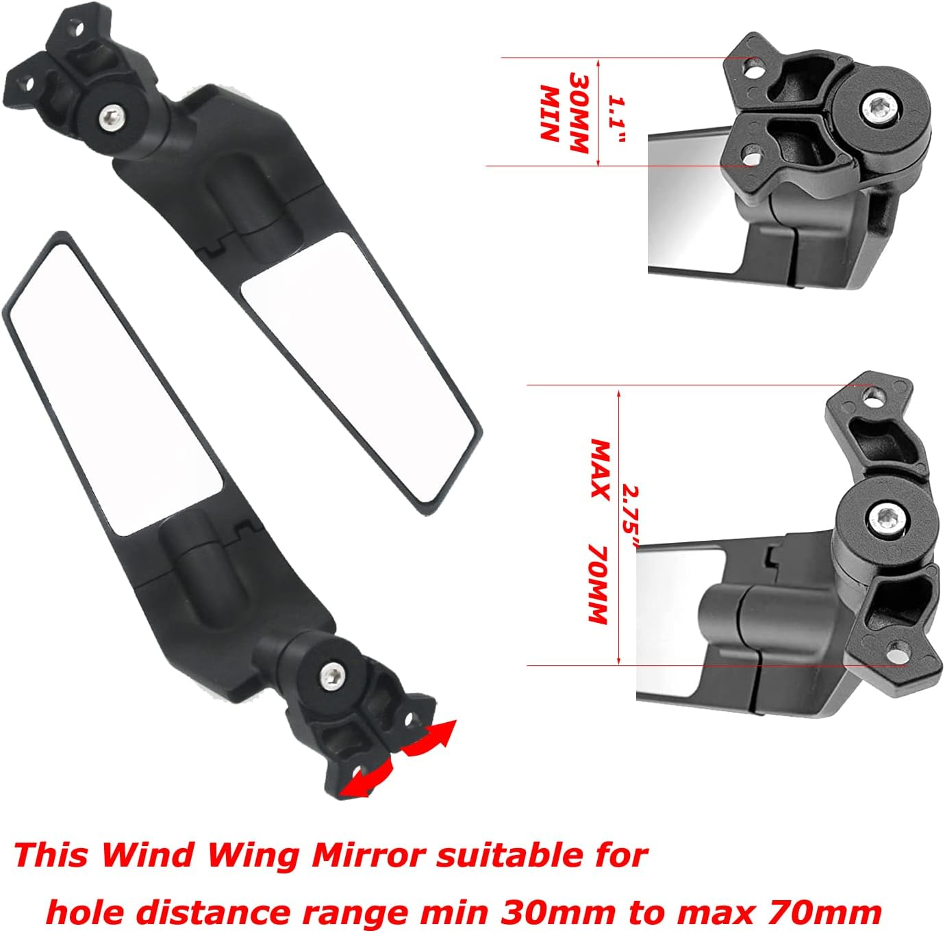Motorcycle Side Mirrors, Adjustable Stealth Mirrors Fit for 2018-2023 KAWASAKI Ninja 400/650 ZX10R/ZX6R/ZX-636 Honda CBR600RR/CBR1000RR Wind Wing Mirror Rotating Black image number 3