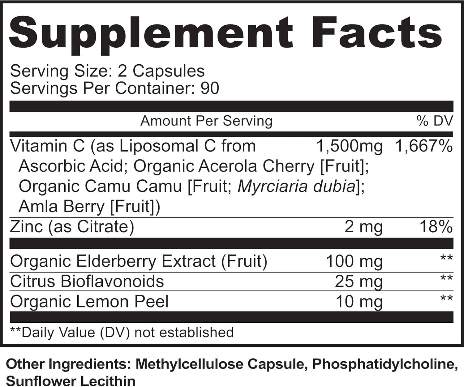 Liposomal Vitamin C Capsules with Zinc, Organic Elderberry, Amla, Camu Camu, plus &ndash; High Absorption Vitamina C, anti Aging, Immune Support,1500Mg/Serving 3 Month Supply, Gluten Free NON GMO Vegan Caps image number 3