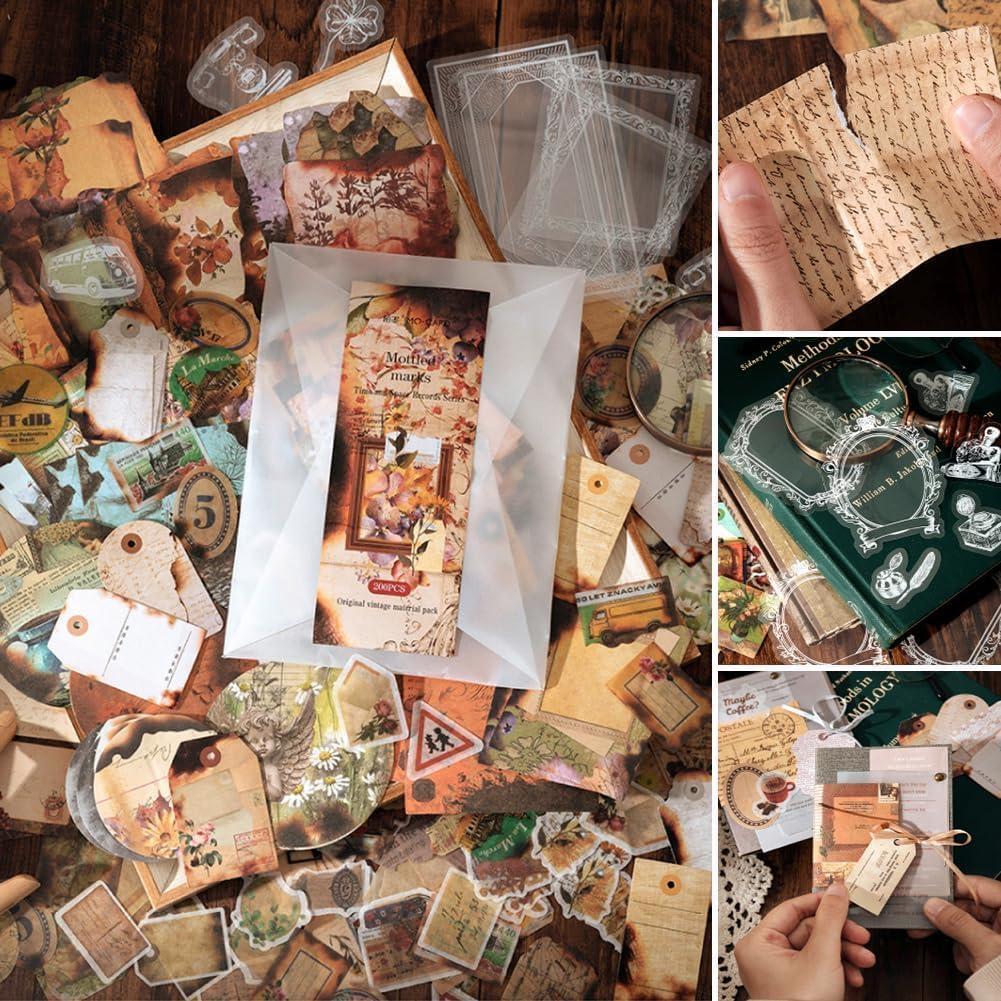 YSHIGUING 200Pcs Vintage Scrapbooking Stickers Pack Scrapbook Paper Accessories Journaling Supplies Stickers Kit Scrapbooking Deco Stickers for Journal DIY Craft Letters Card Making (Letter Series) image number 2