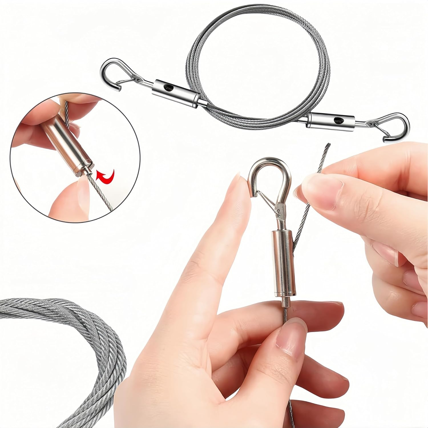 4 PCS Adjustable Heavy Duty Picture Hanging Wire Kit,2 M X 1.5 Mm Stainless Steel Wire Rope with 2 Hooks, for LED Panel Light,Billboards,Indicator,Basket Flowerpot,Art Exhibitions,Hold up to 20Kg image number 3