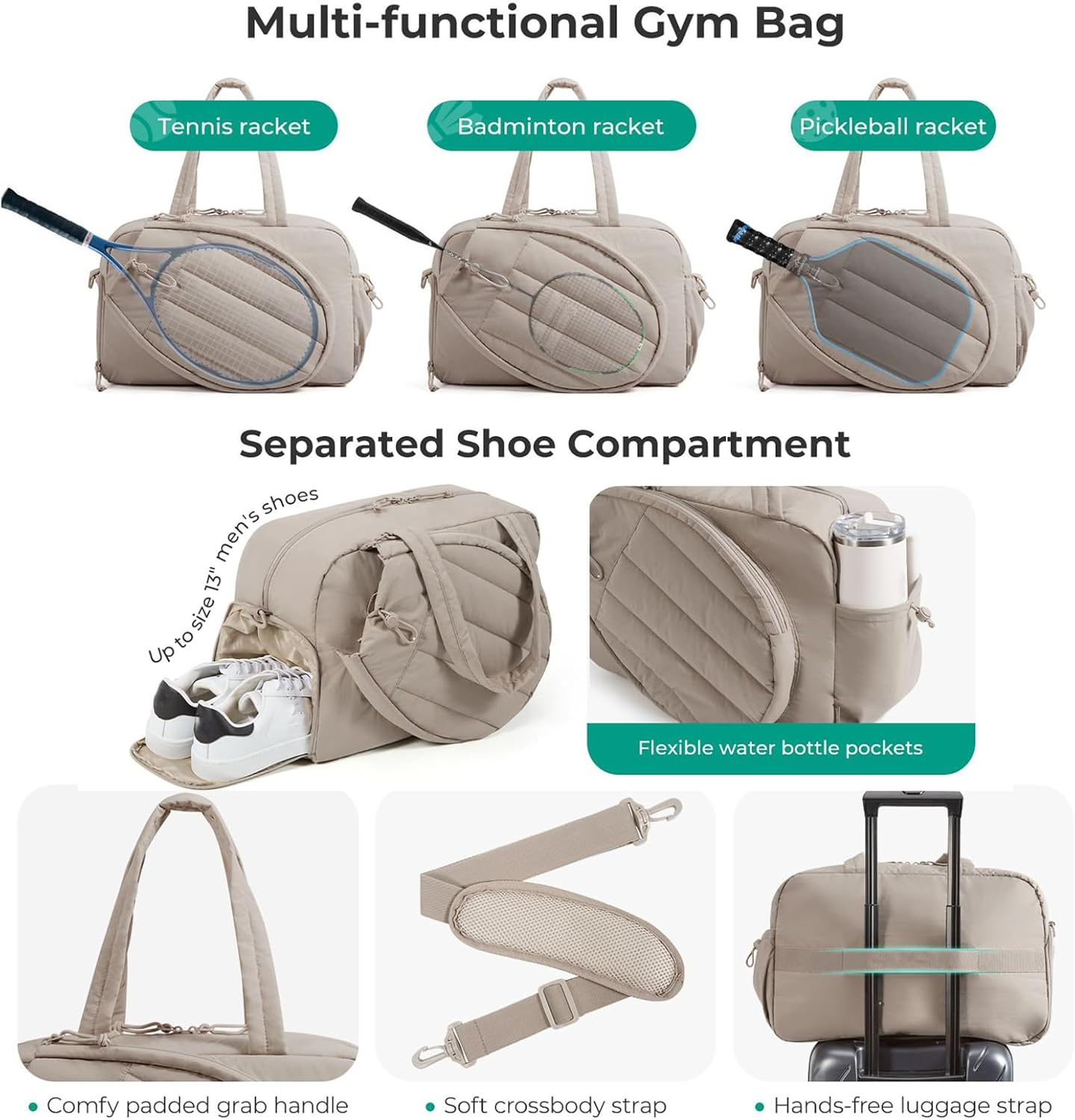 Tennis Gym Bag for Women - Large Sports Handbag Tennis Racket Bag for Women,Water-Resistant Pickleballs Racquet Tote for Sports Gym Court Weekend Trips Commuting Offices Business Trip Travel image number 5