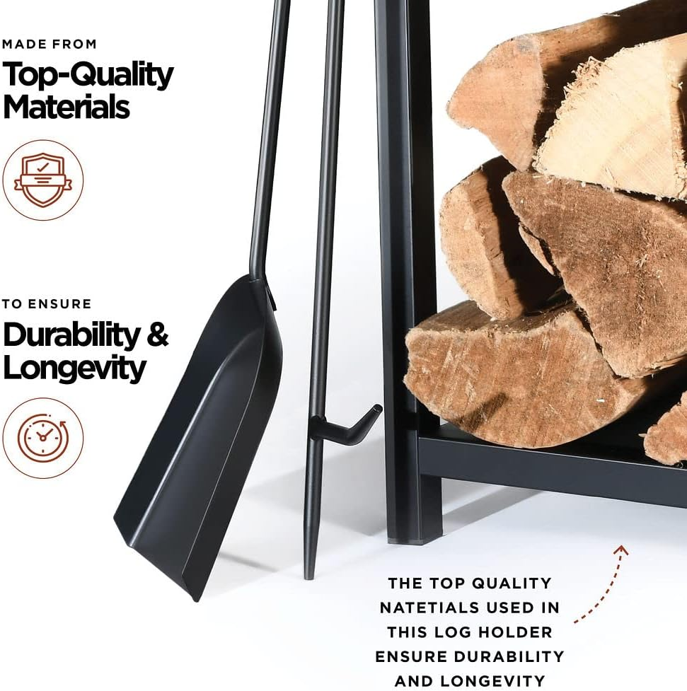 HOME IT Firewood Rack Outdoor Indoor - 2-Tier Firewood Holder with Fireplace Tools Set, Brush, Shovel, Poker, Tongs - Waterproof Steel Pipe Log Holder, Black Stove Wrought Iron - 17X12X29 image number 1
