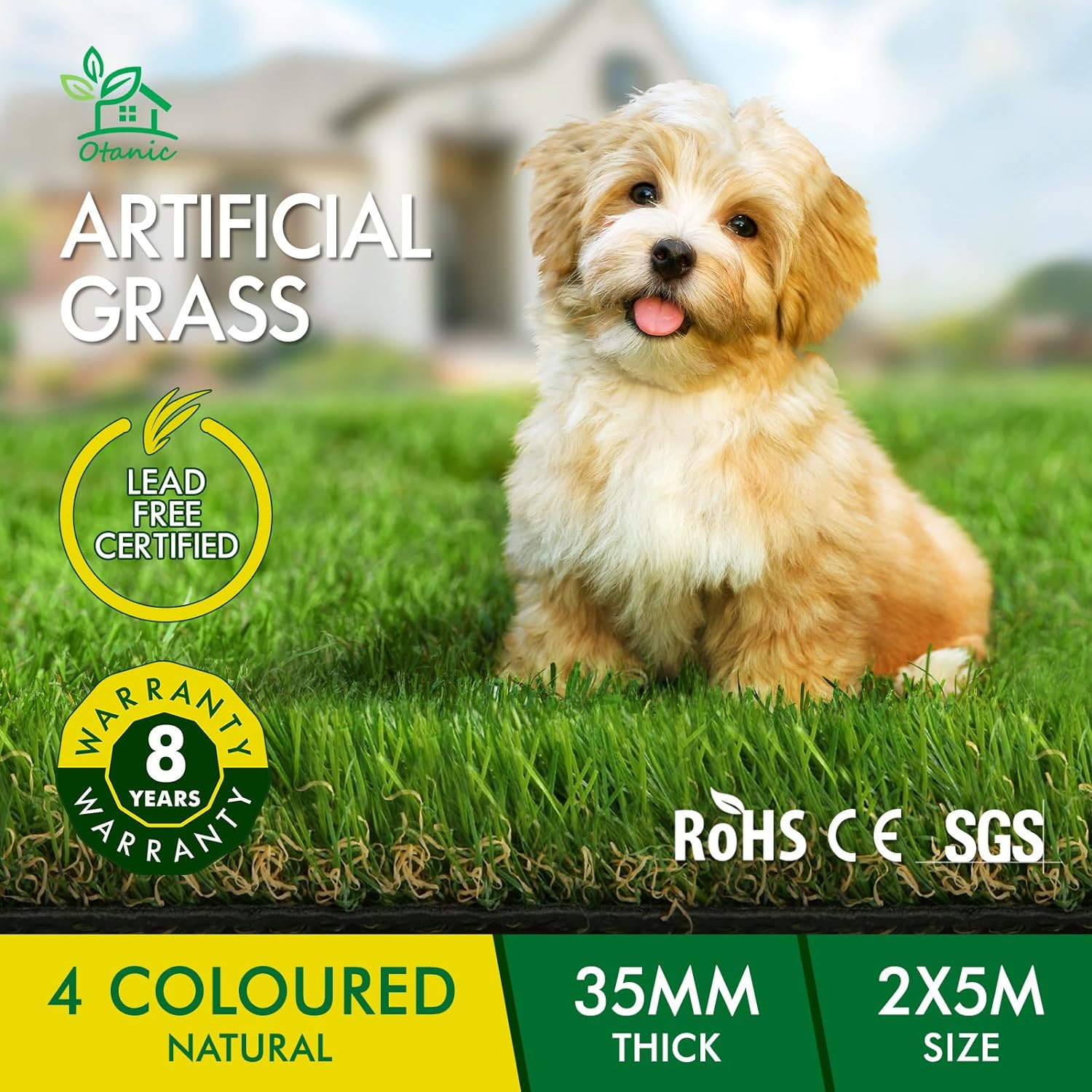 OTANIC Artificial Grass 10 SQM Roll 2X5M Synthetic Turf Gloss Finished 35Mm Pile Height Fake Yarn Lawn Plant Rug with Drainage 4-Tone Colour for Outdoor Indoor Garden Backyard image number 2