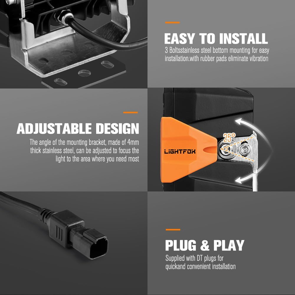 LIGHTFOX 2 Pcs 9 Inch LED Driving Light Rectangular, 13,560LM Spot & Flood with Protective Covers & Colour Caps, Adjustable Angle with Wiring Harness, IP68 for Offroad Jeep Wrangler Truck Pickup SUV image number 4