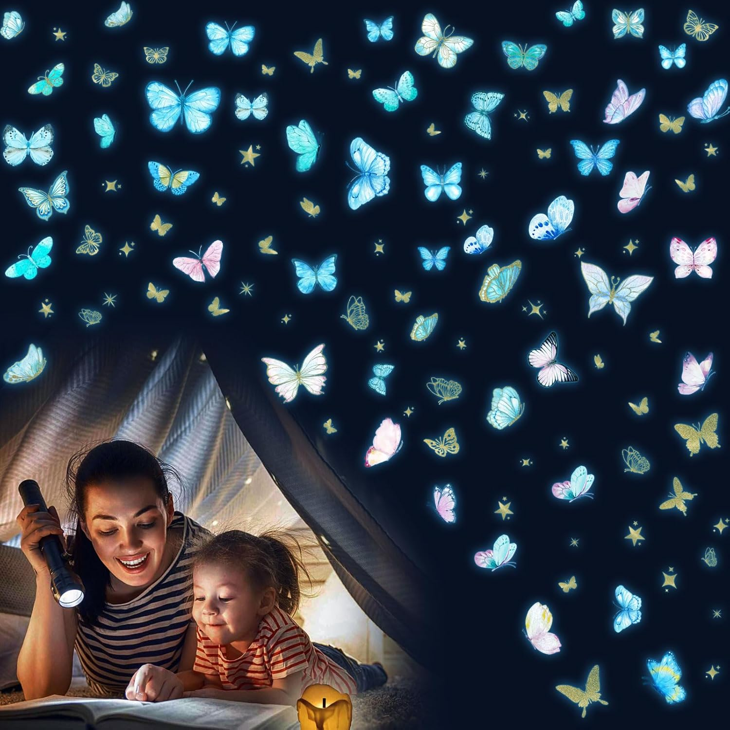 Glow in the Dark Butterfly Wall Decals，Glowing Luminous Butterfly Wall Stickers Colorful Removable Self-Adhesive Butterfly Decals for Girls Bedroom Kids Baby Nursery Living Room Decoration - Blue image number 2