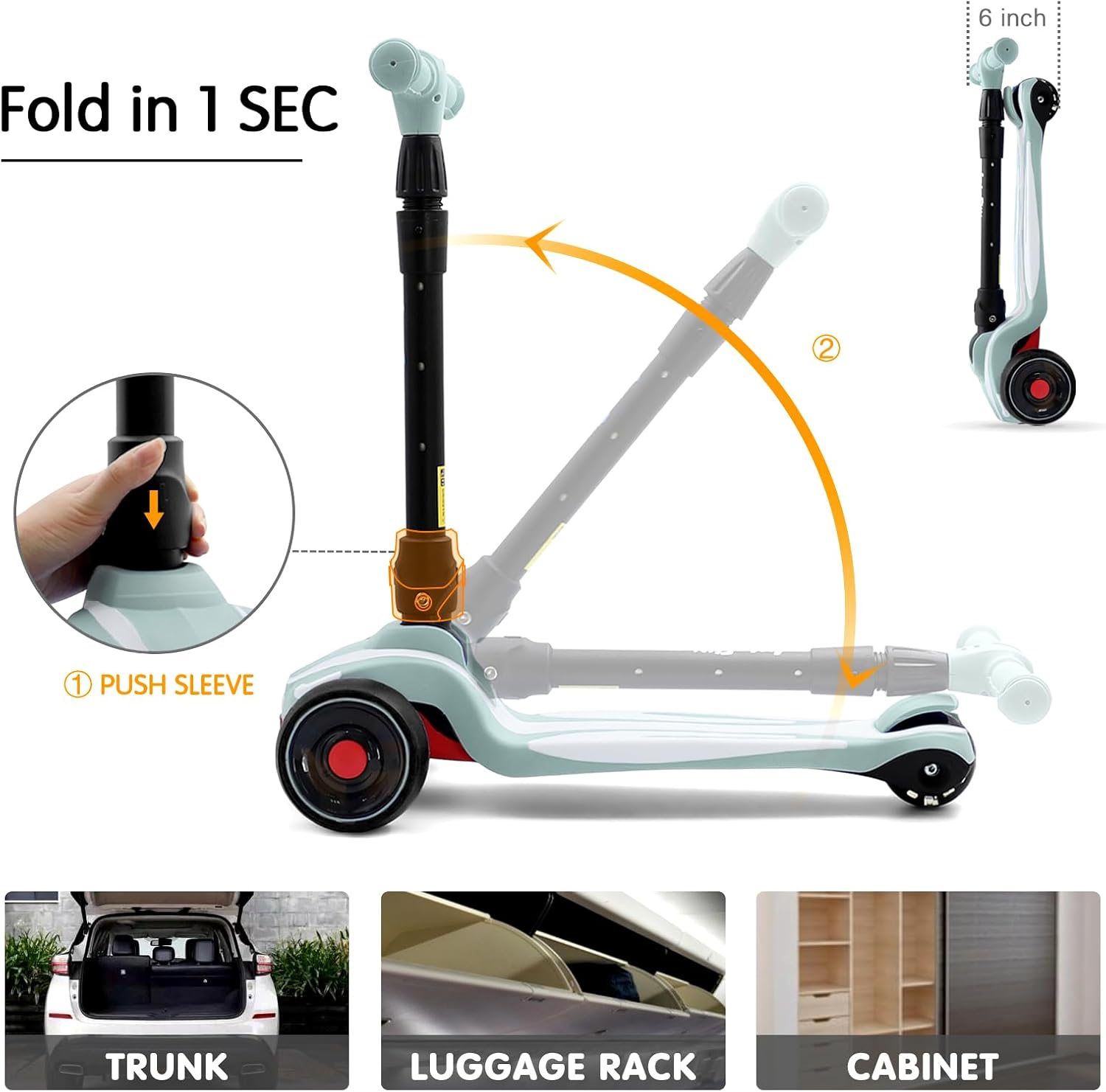 LOL-FUN Toddler Scooter for Kids Ages 3-12 Years Old Boy Girl with 3 Wheel LED Lights, Extra-Wide Childrens Foldable Kick Scooter Kids Ages 3-5 with 4 Adjustable Height and Lean-To-Steer - Mint Green image number 2