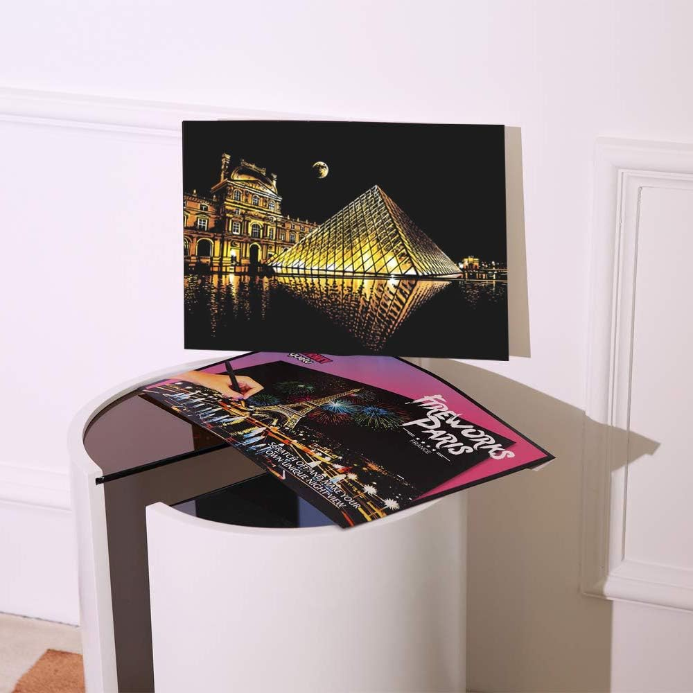 MIASTAR Scratch Paper Rainbow Painting Sketch Pads DIY Art Craft Night View Scratchboard for Adults and Teens - Scratch Painting Creative Gift - 2 Packs & Pen, Clean Brush, 16&rdquo; X 11.2&rdquo; (Paris/Louvre) image number 4