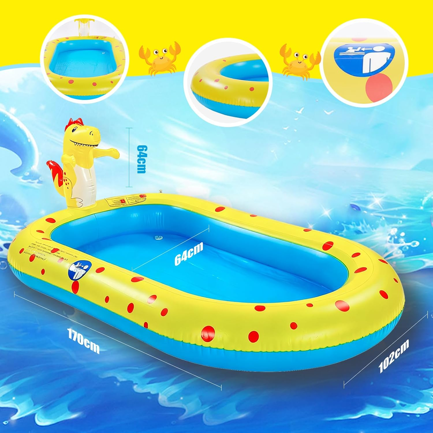 Inflatable Sprinkler Pool for Kids, Cute Dinosaur Kiddie Pool, 3-In-1 Backyard Splash Pad Swimming Outdoor Water Toys for Toddlers(Yellow) image number 6