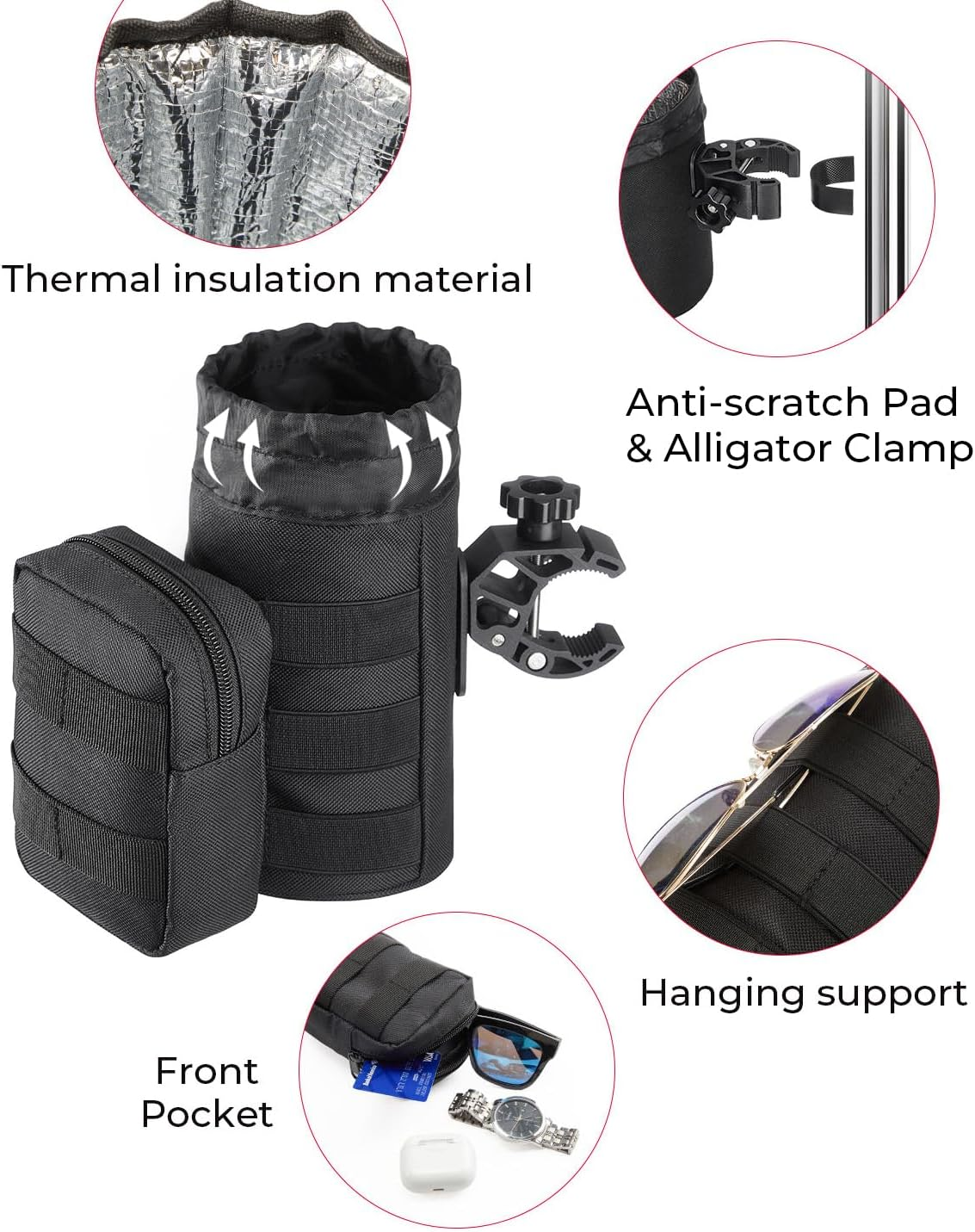 KEMIMOTO Motorcycle Cup Holder, 32OZ Motorcycle Drink Holder with 0.6"-1.5" Alligator Clamp, ATV Cup Holder with Front Pocket for Motorcycle, ATV/UTV, Scooter, Boat, Kayak, Bike, Walker, Black image number 6