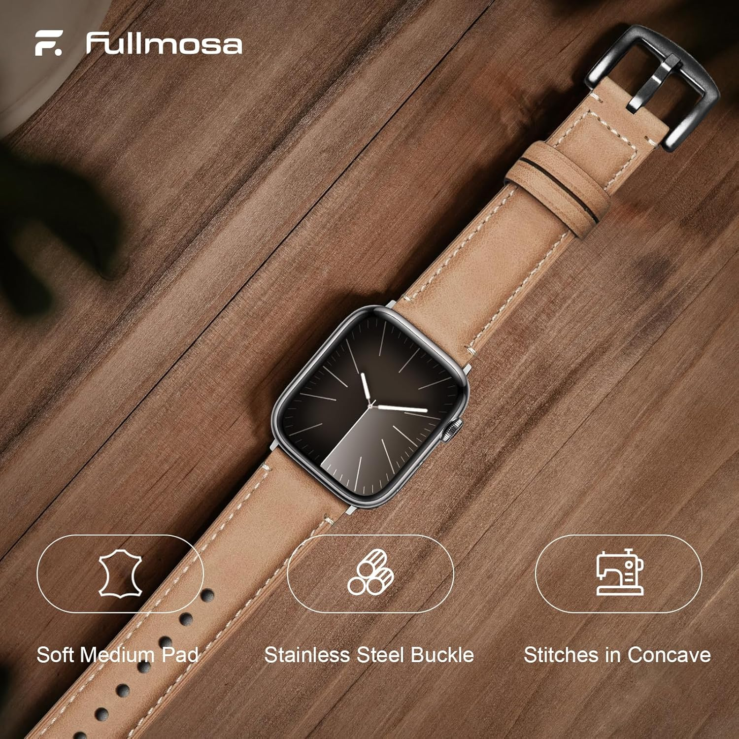 Fullmosa Real Leather Band Compatible with Apple Watch Band 49Mm 46Mm 45Mm 44Mm 42Mm,Yola Leather Apple Watch Strap for Iwatch Ultra SE Series 11/10/9/8/7/6/5/4/3/2/1 Men Women, Light Brown+Silver