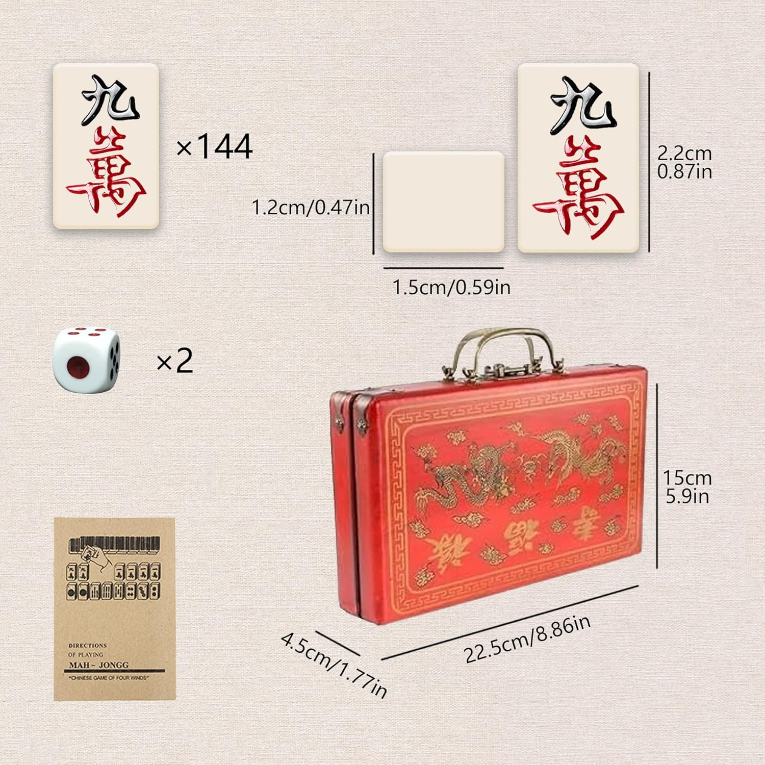 Classic Chinese Mahjong Game Set, 144 Mahjong Tiles and 2 Dice, with a Vintage and Exquisite Wooden Box, Clear Text, Suitable for Family Gatherings and Friends Gatherings image number 3