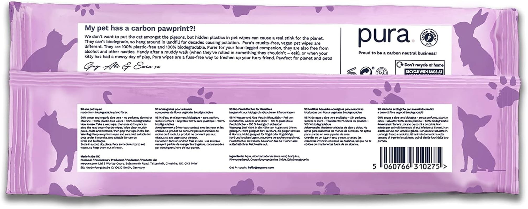 Pura Eco Pet Wipes for Dogs, Cats & Rabbits. 100% Plastic Free, 100% Biodegradable, Vegan. Great for Muddy Paws, Coats, Bottoms, Grooming & Cleaning Bulk Pack of 360 Wipes image number 1