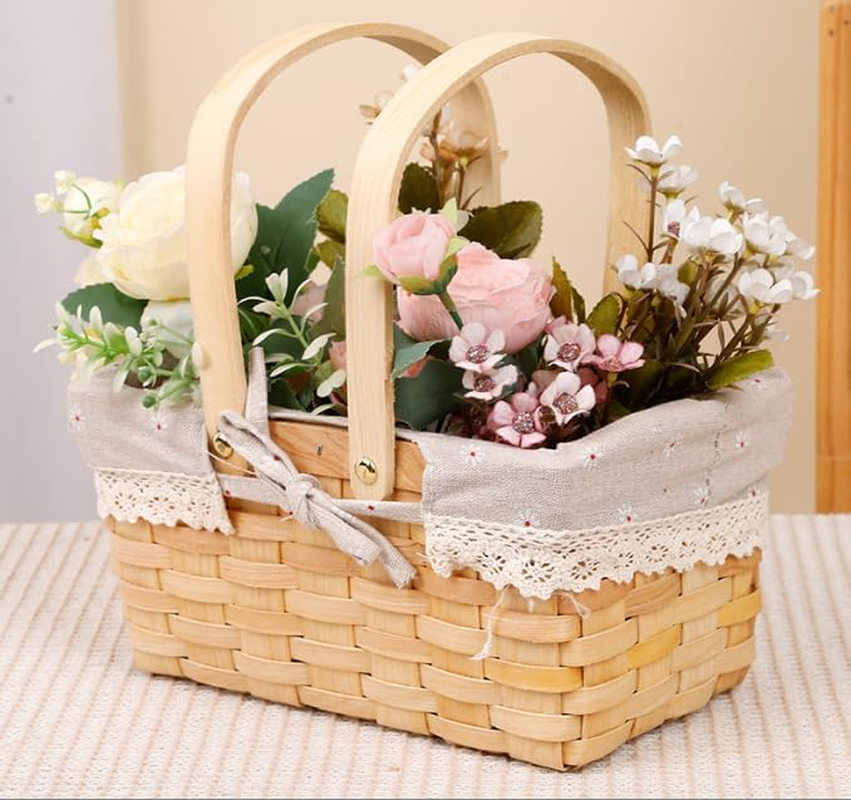 Wicker Basket with Handle, Picnic Basket Rectangular Picnic Basket with Double Folding Handles, Storage Basket, Flower Girl Basket for Decor (Red) image number 6